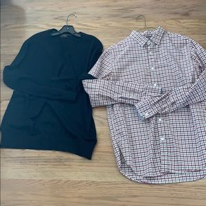 Navy v-neck luxe sweater and plaid button down med